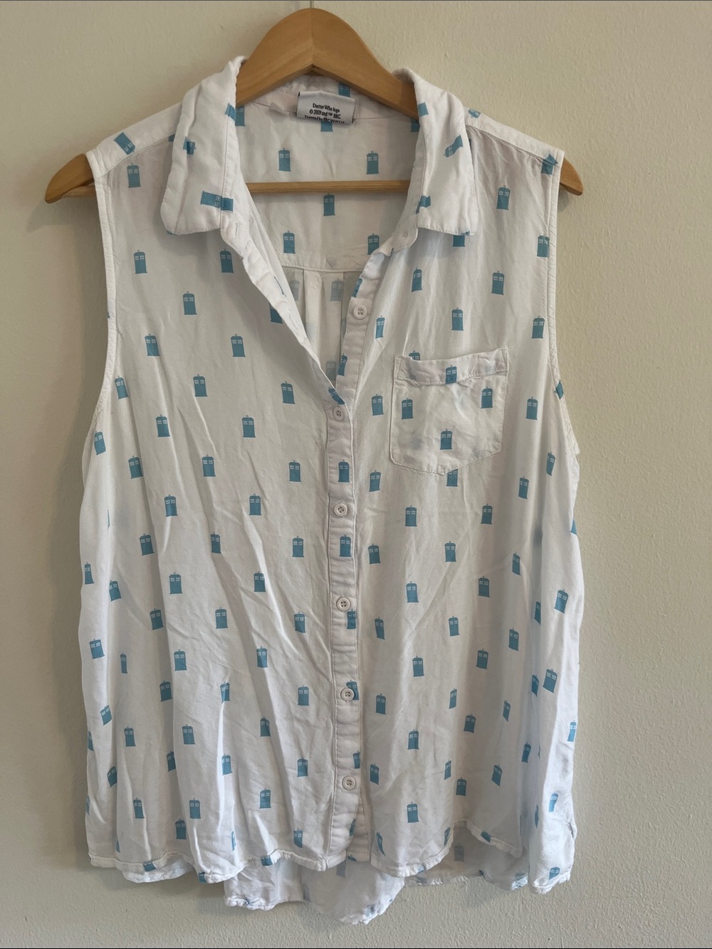 White Sleeveless Blouse with Blue TARDIS Print BBC official